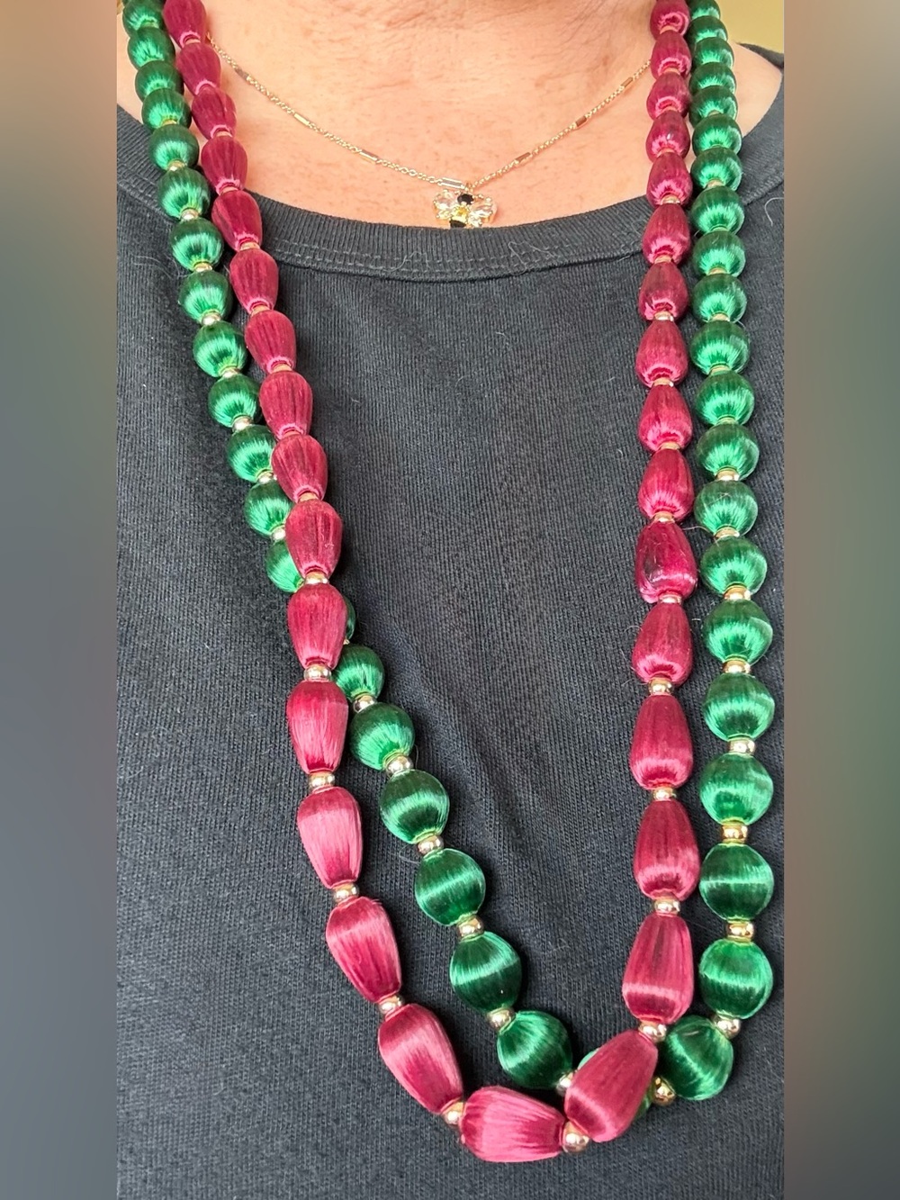 Vintage 1980s Set of 2 Satin Thread Beaded Necklaces